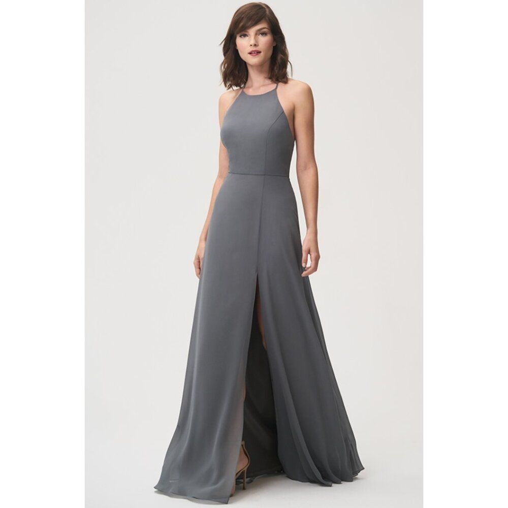Jenny Yoo Kayla Long Formal Chiffon Dress Halter Open Back Slit Denmark Blue